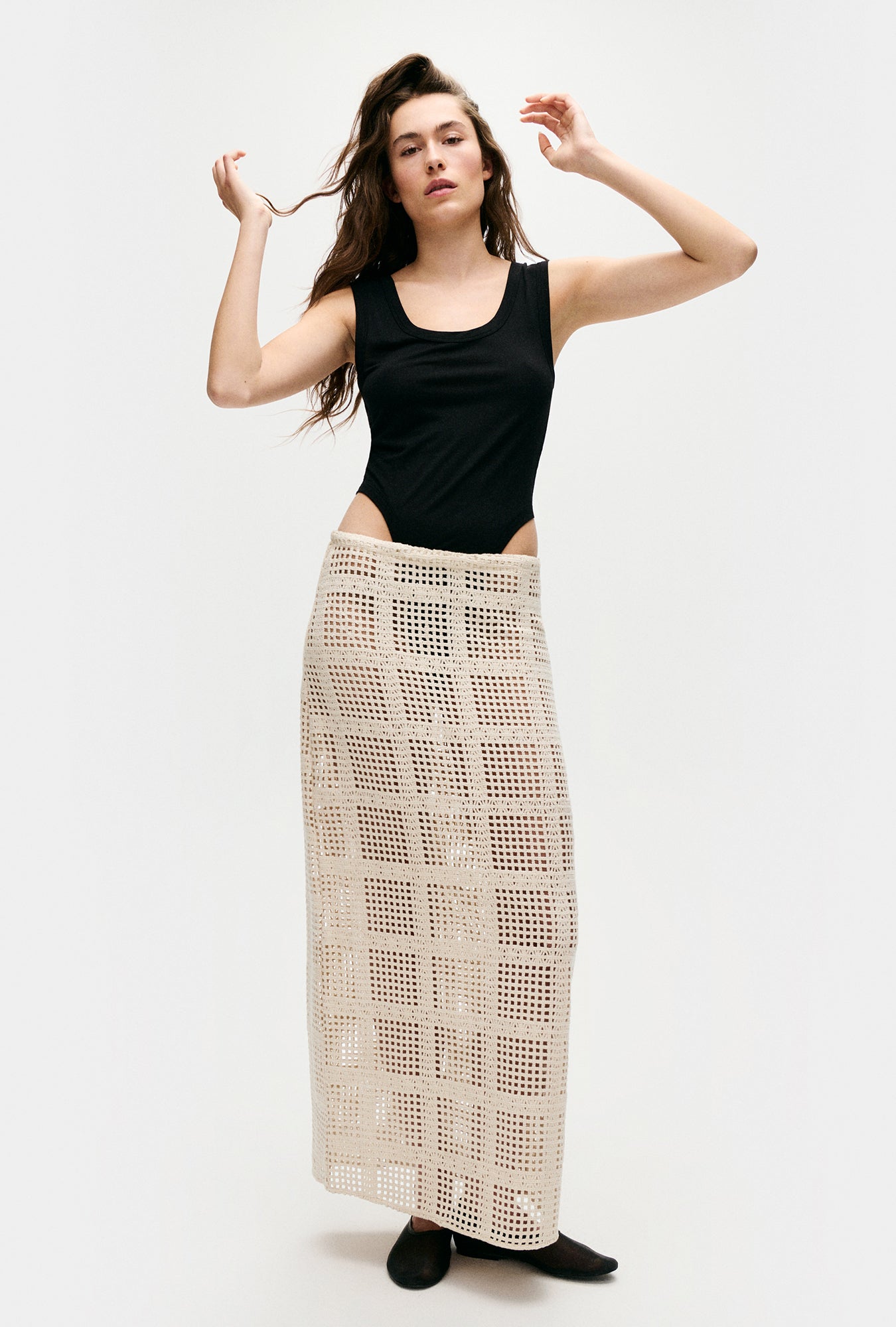 Cotton Grid Long Skirt Natural