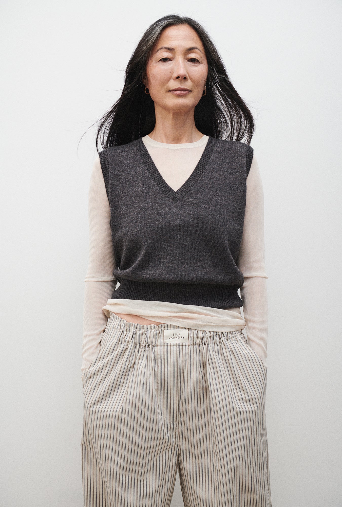 Gilet sans manches col en V Gris Granit Chiné