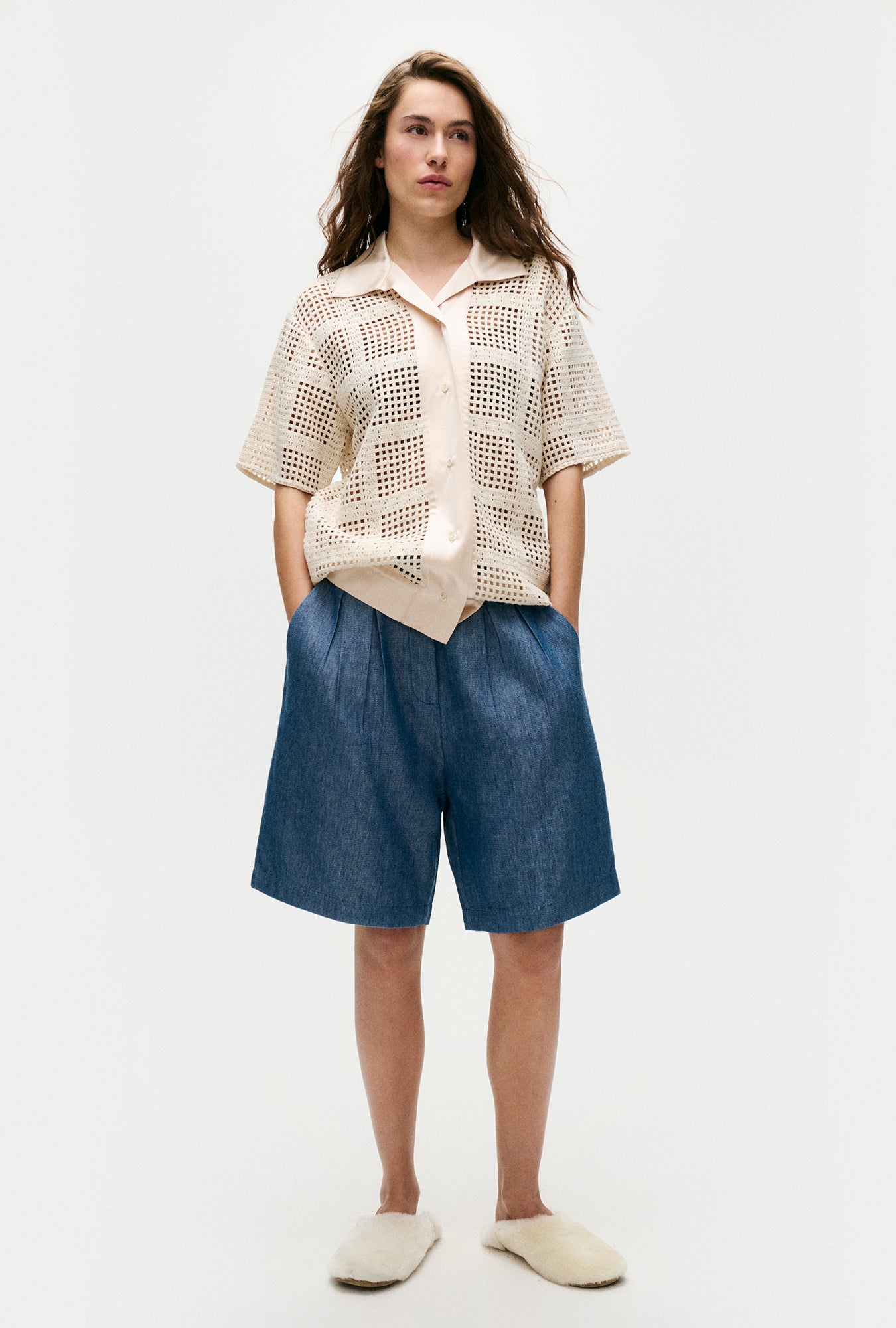 Cotton Grid Grandpa Shirt Natural