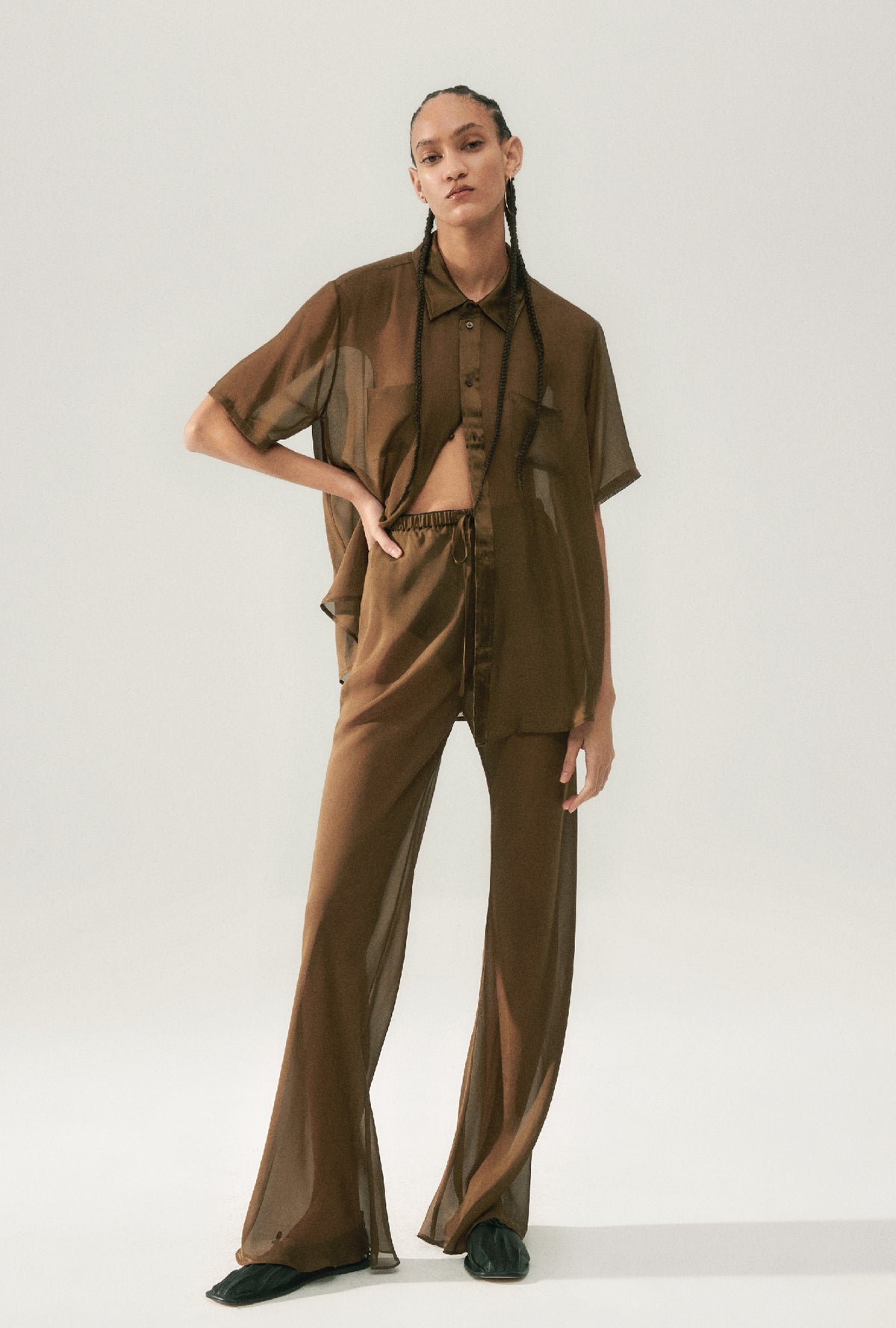 Pantalon en mousseline de soie coupe en biais Terre foncée