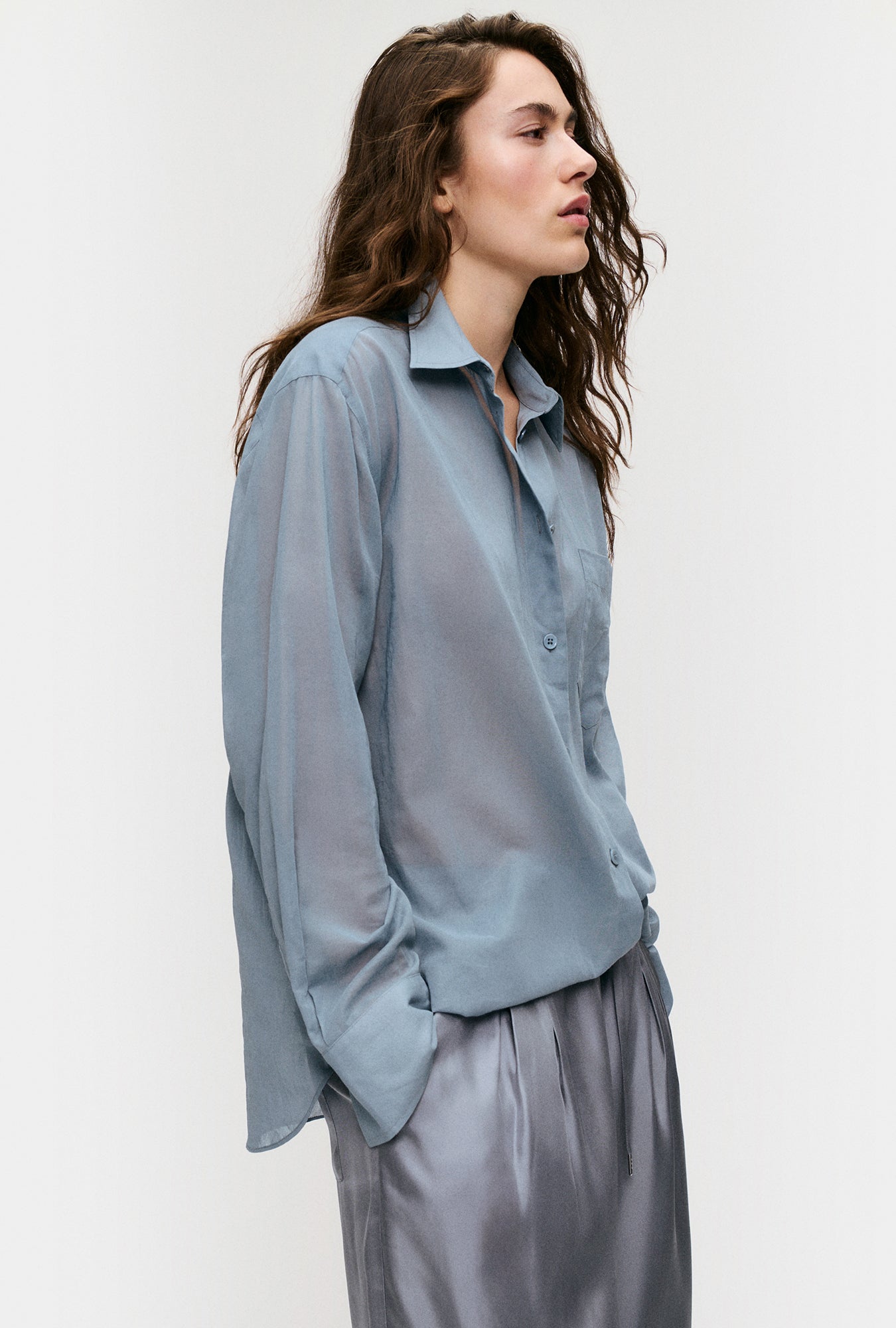 Sheer Cotton Pleated Yoke Shirt Storm