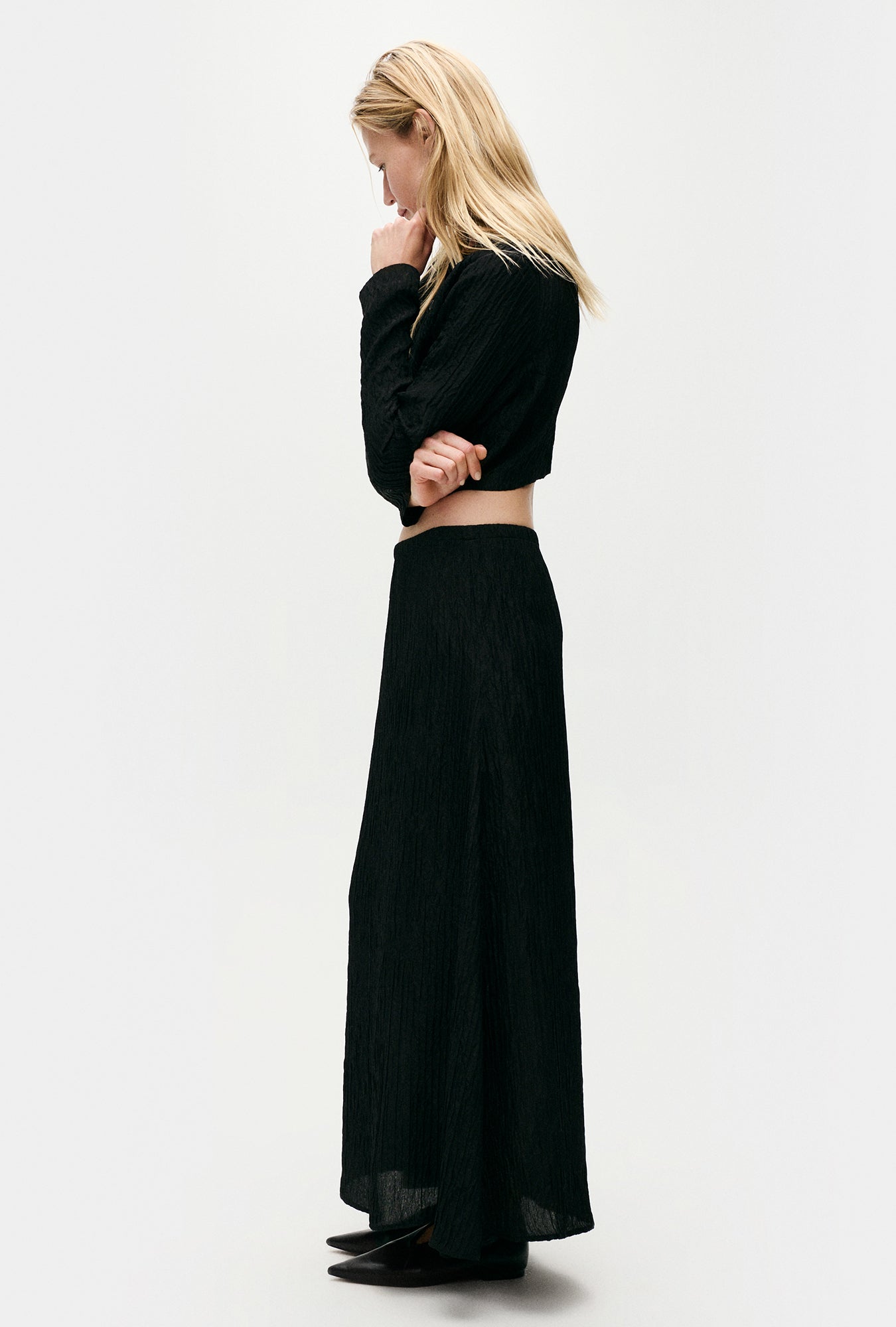 Crinkle Long Bias Cut Skirt Black