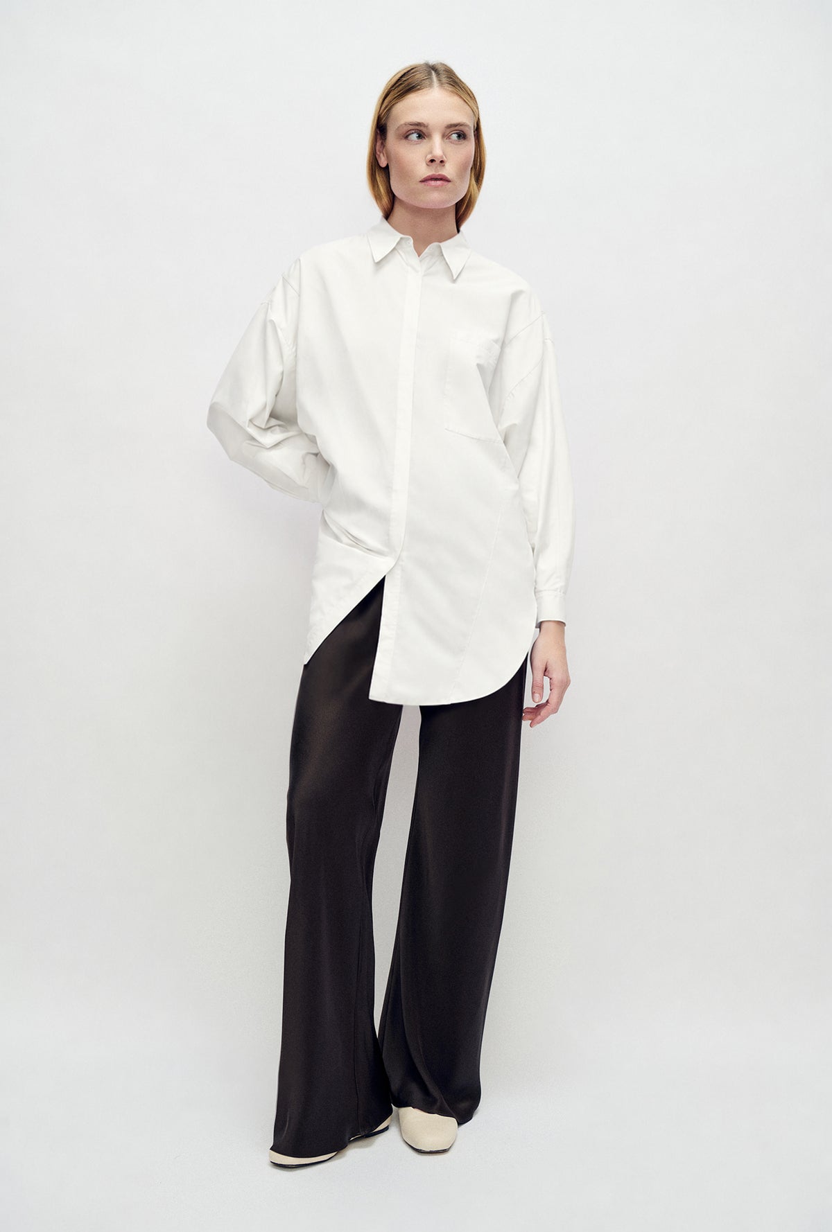 Cotton Silk Round Shirt White