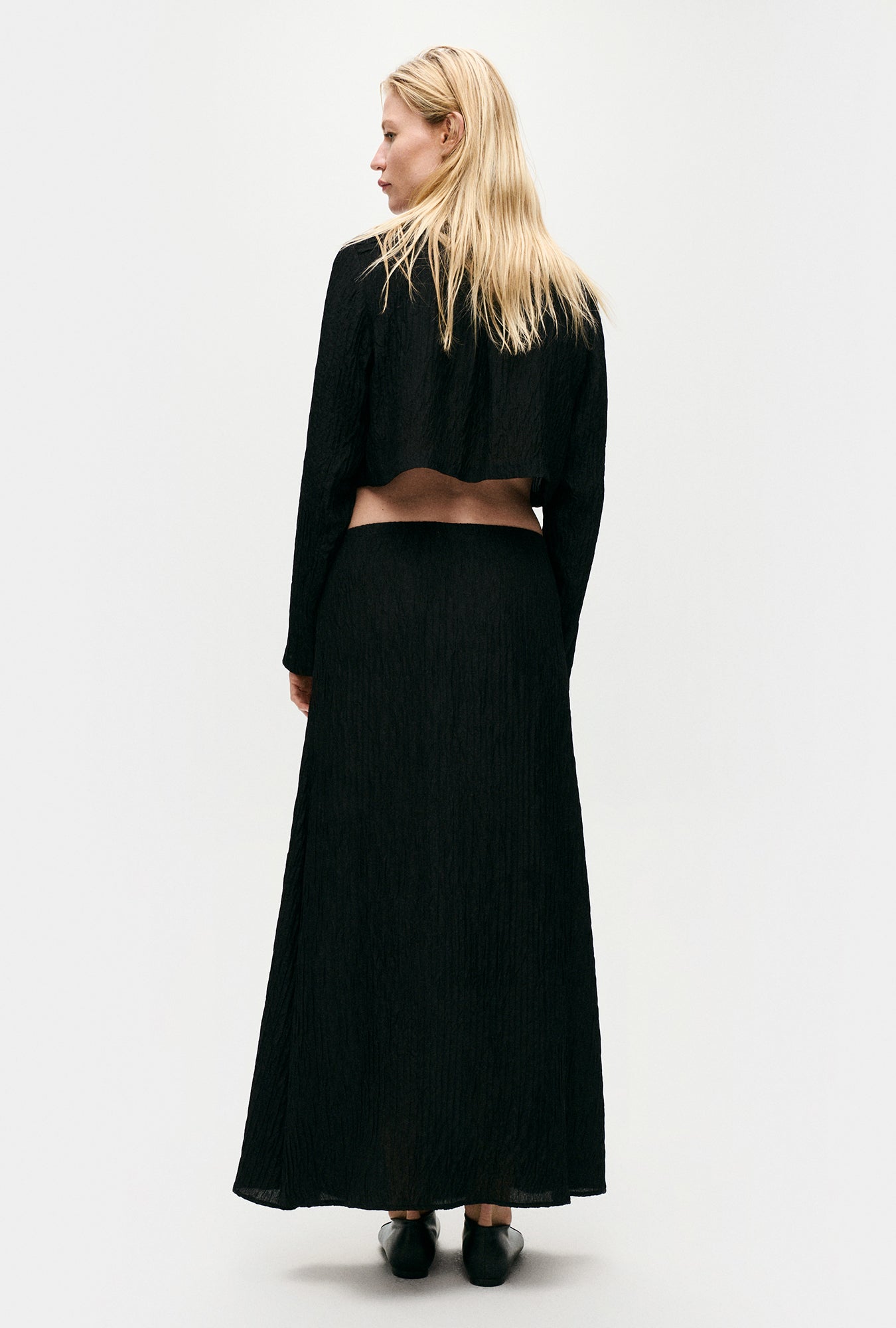 Crinkle Long Bias Cut Skirt Black
