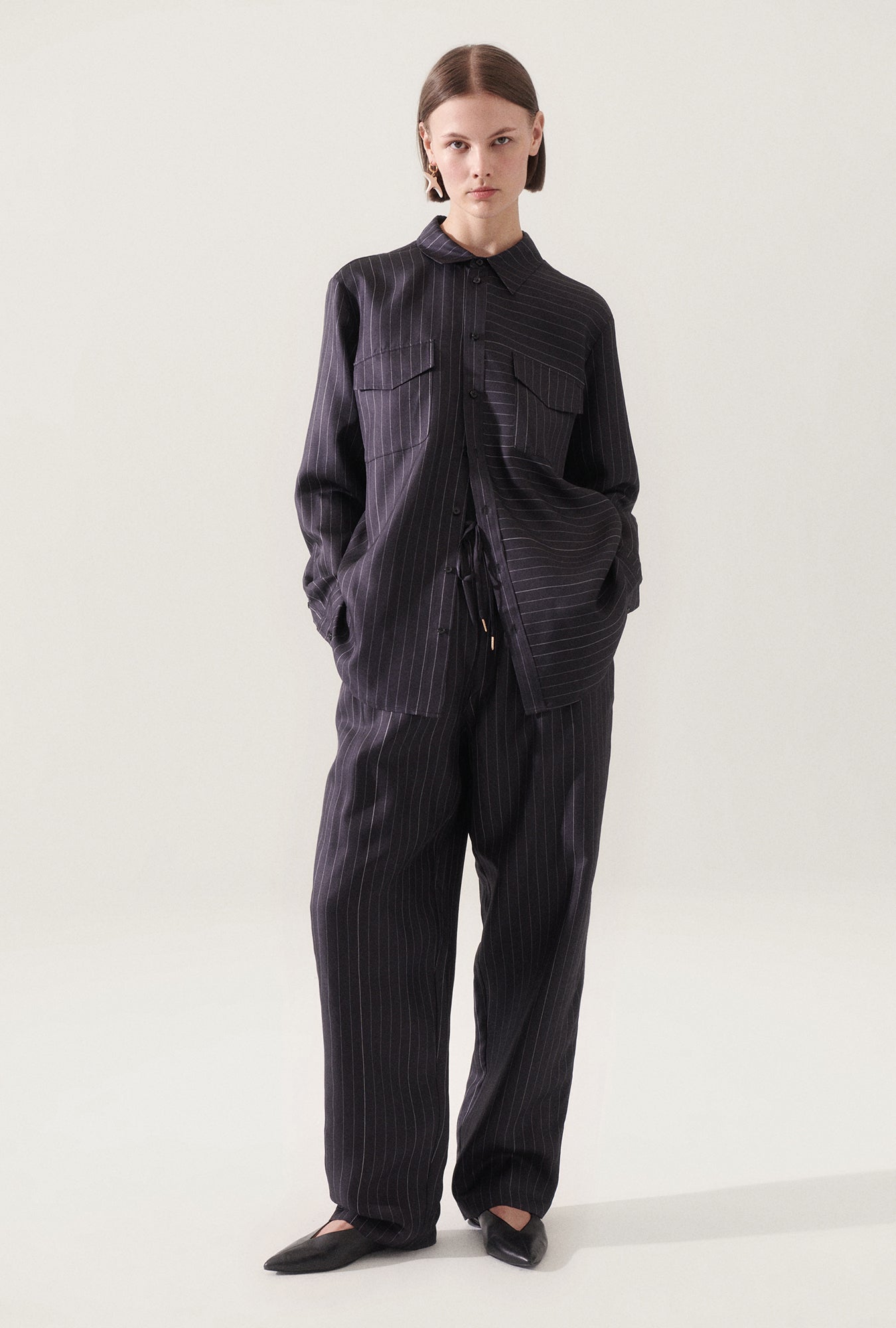 Chemise Boyfriend en Sergé Rayée Noir / Blanc