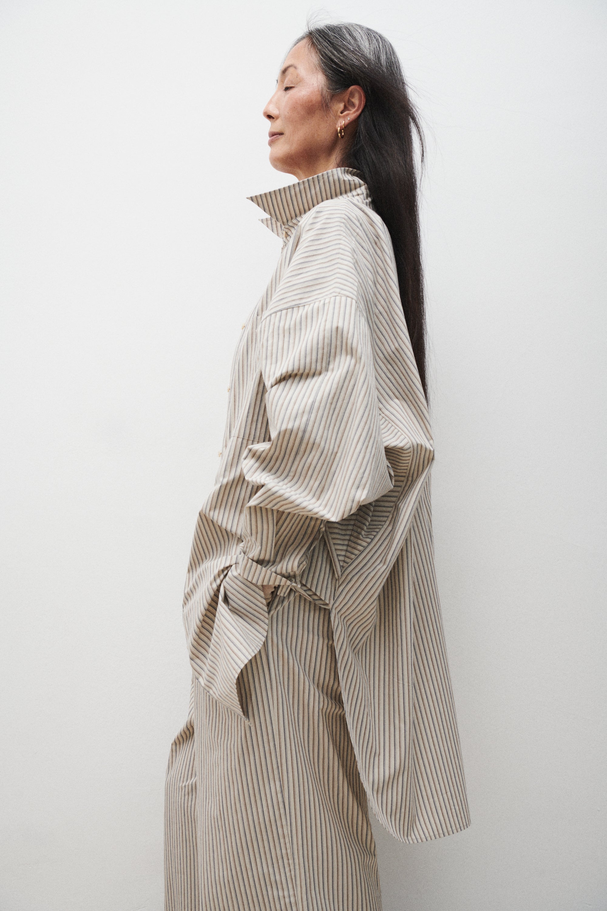 Cotton Round Shirt Slate Stripe