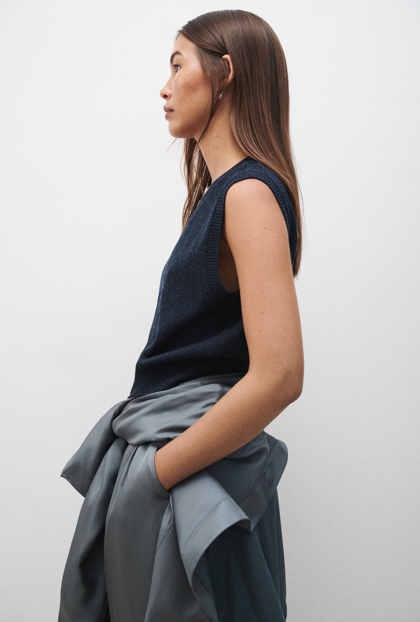 Gilet sans manches en maille col V bleu chiné