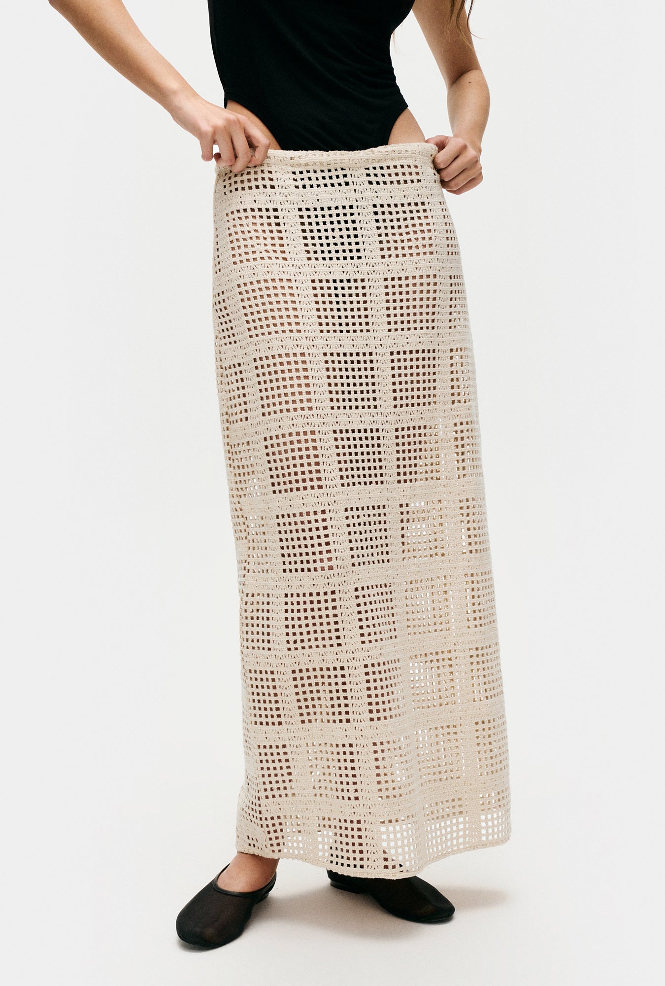 Cotton Grid Long Skirt Natural