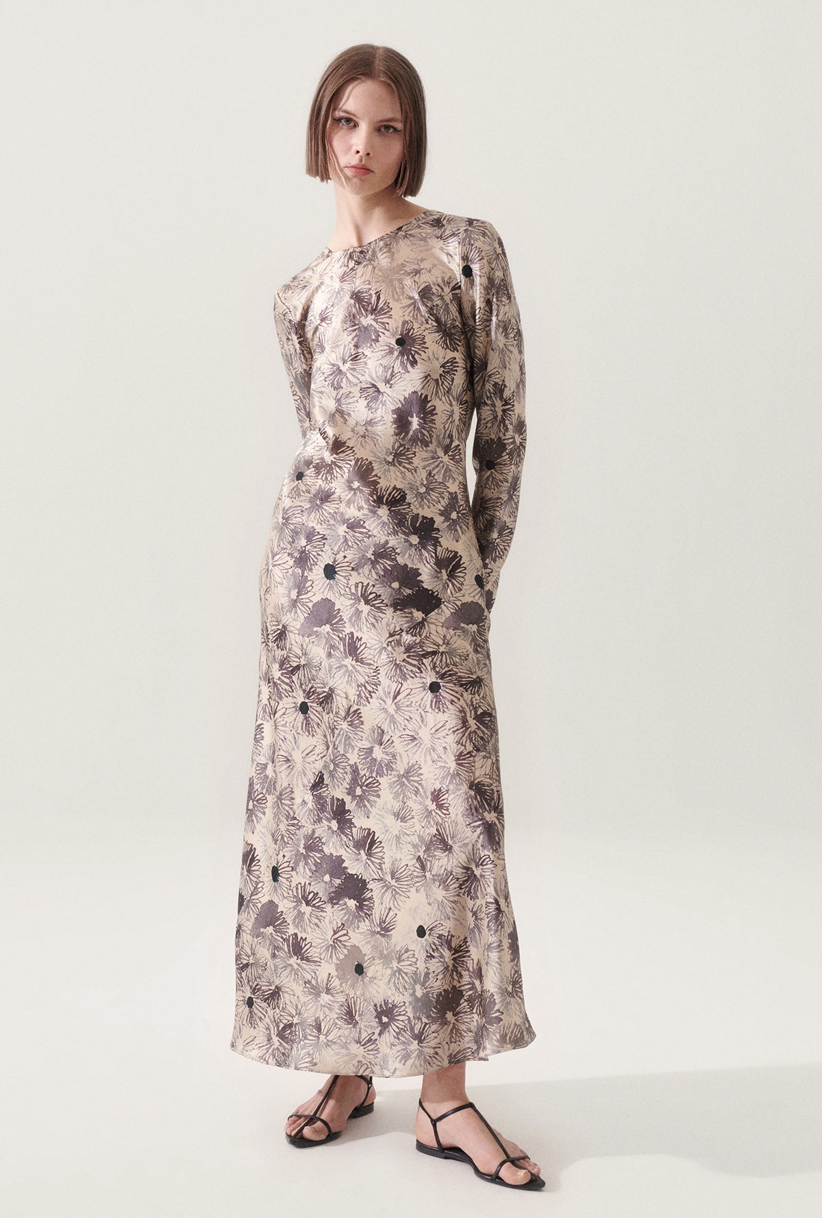 Robe biaisée manches longues Imprimé floral Aster