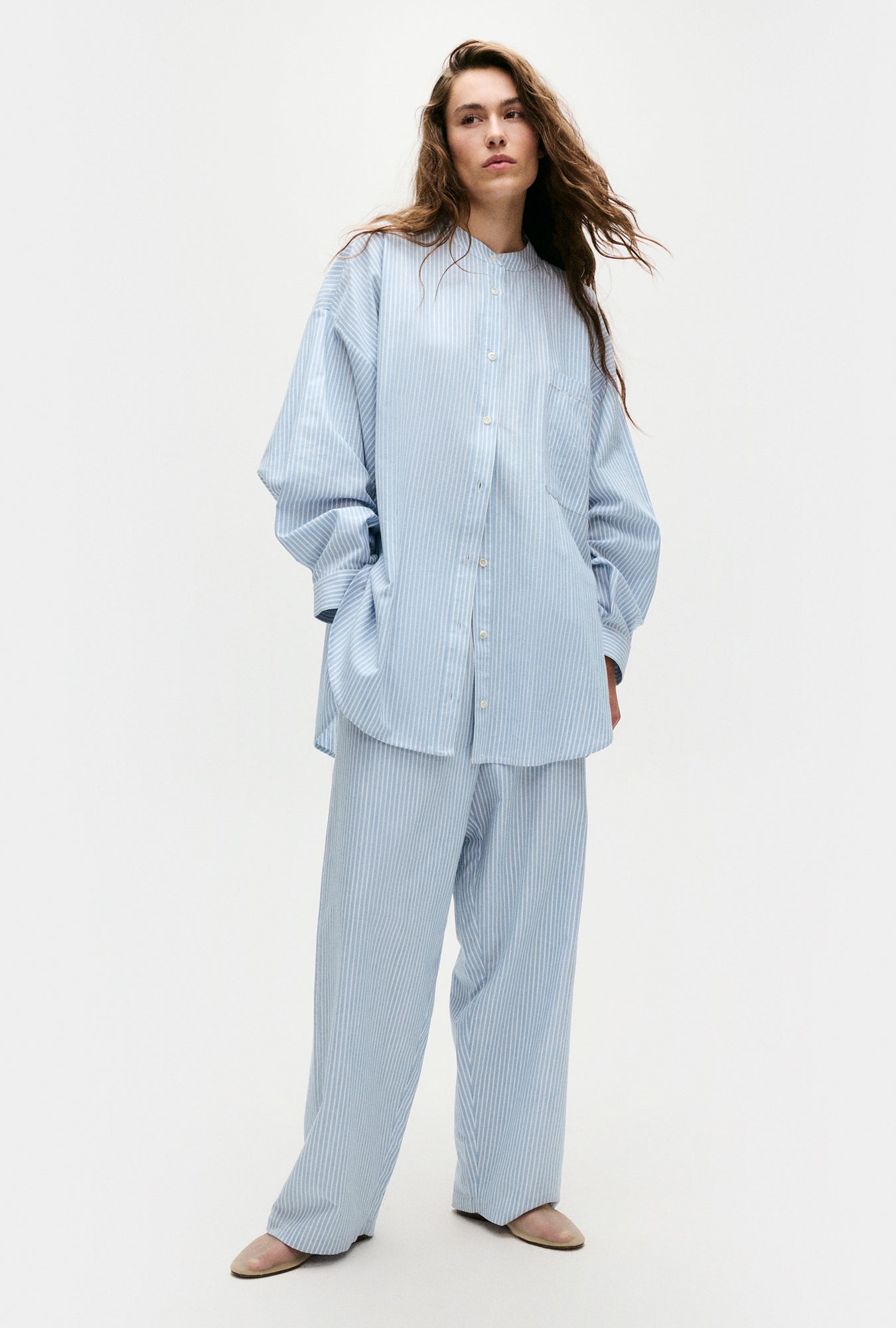 Cotton Collarless Round Shirt Storm Stripe