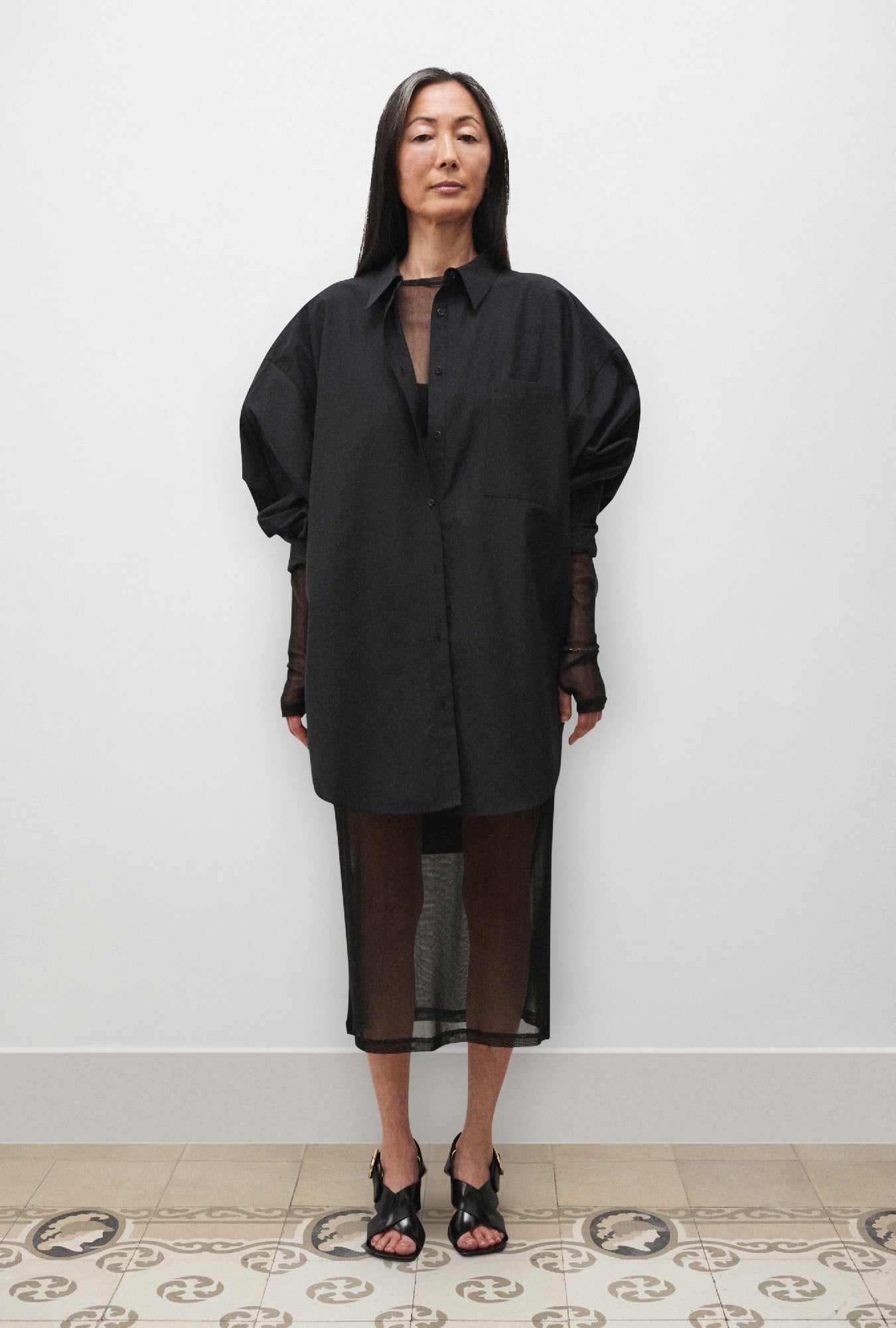 Cotton Silk Round Shirt Black